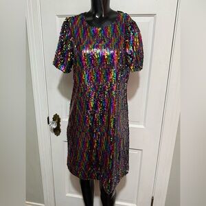 Womens Rainbow Sequin Short Sleeve Dress Birthday Prom Homecoming Pageant Medium